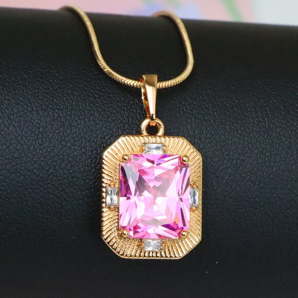 "Pink Sparkling Pendant with Gold Frame and Baguette Accents, XPPT1788 - Picture 1 of 11